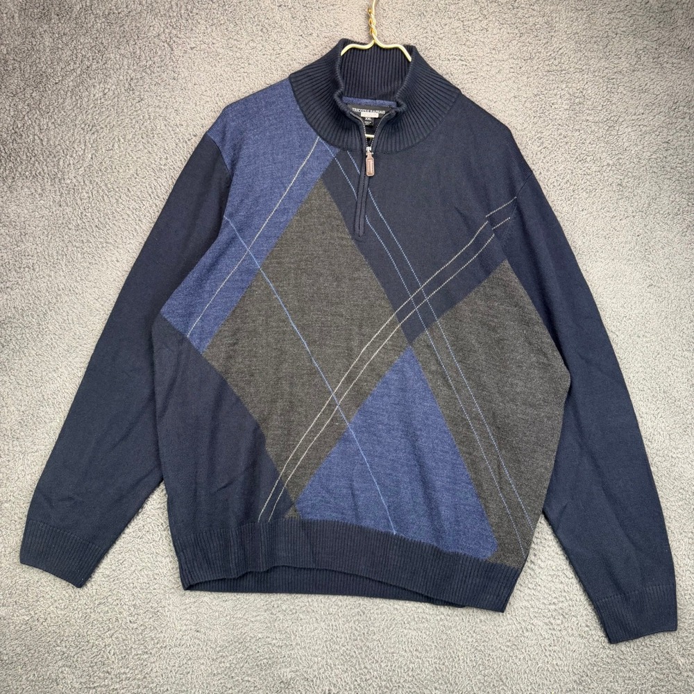 Tricots St Raphael Mens XXL Blue Gray Argyle 1/4 Zip Mock Neck Acrylic Sweater